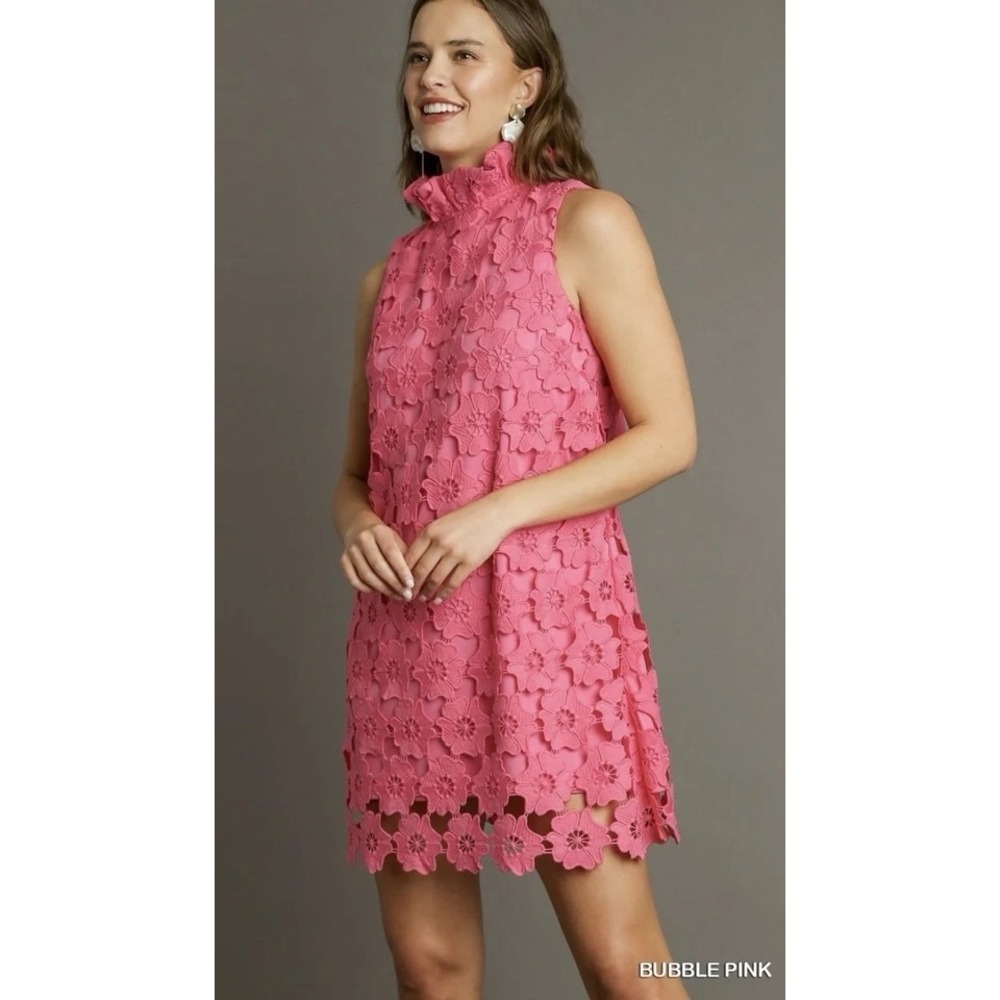 Umgee Pink Floral Lace Ruffle Neck Tie Back Sleeveless Shift Coastal Dress Small